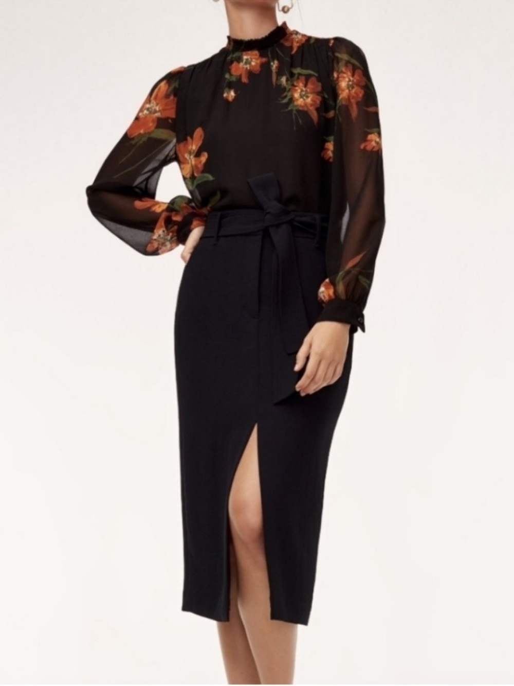 NEW Wilfred Jallade Front Slit Midi Crepe Pencil Skirt Black Size 10